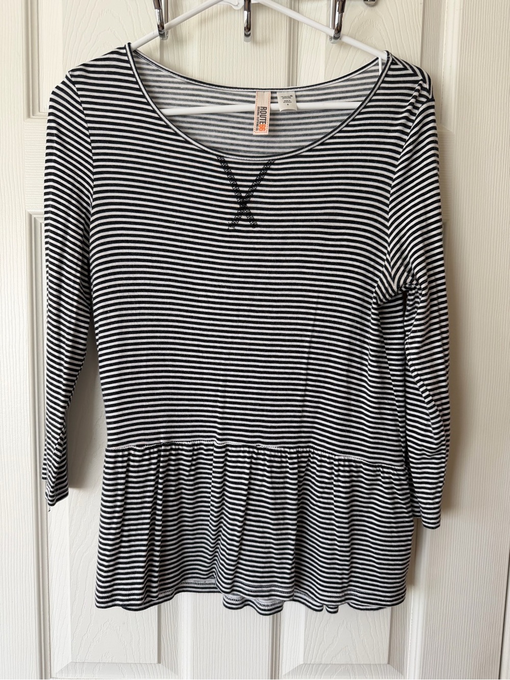 Route 66 Black & White Striped Peplum Long-Sleeve Top
